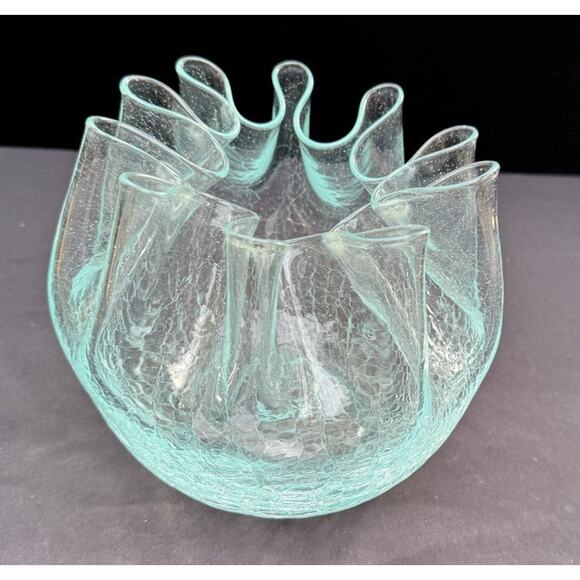 Vtg Aqua Color Crackle Glass Ruffled Crimpled Pinched Pleated Ribbon Glass Bowl - Picture 10 of 11